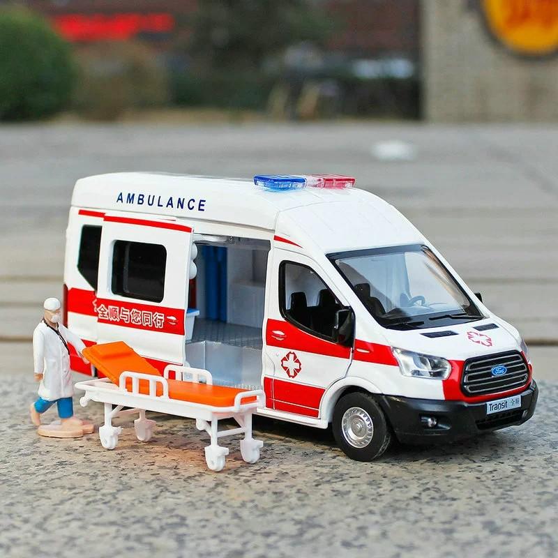 LLB4 1/35 Ford Transit Ambulance Toy Car For Children Diecast Model Vehicle Miniature Pull Back Sound & Light Collection Gift Boy Kid