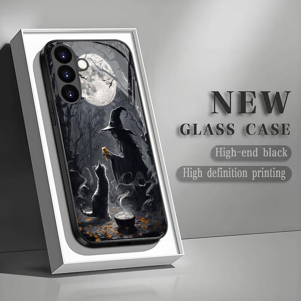 Witch Pumpkin Tempered Glass Phone Case Suitable for Samsung Galaxy S26 S25 S24 S23 S22 S20 FE/Ultra/Plus Anti Drop Back Cover