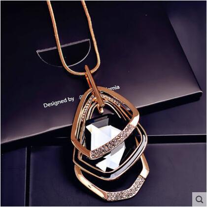 Gold&Silver Color Rhinestone Long Necklace Vintage Punk Triangle Square Oval Crystal Glass Pendant Necklaces Women Jewelry