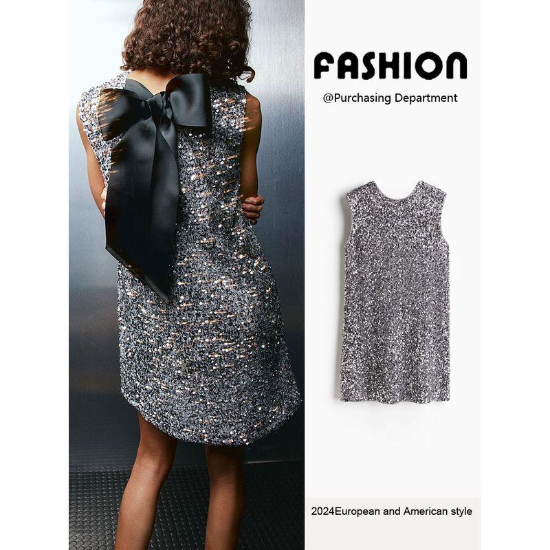 Za2025 Spring New Women's Clothing Fashion round Neck Sleeveless Back Shoelace Party Sequins Dress 1240705