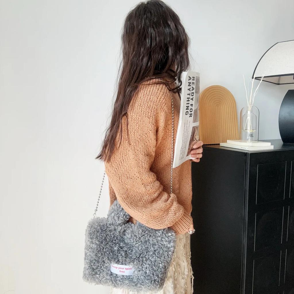 Casual Soft Plush Women's Handbags Tote Purse Simple Furry Ladies Bucket Crossbody Bags Faux Lamb Wool Female Shoulder Bag