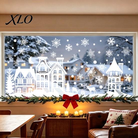 Holiday Home Window Ornament 2Pcs Christmas Town Static Glass Sticker, Reusable Decal with Snowflake Indoor Outdoor Stickers Pattern, Decorative