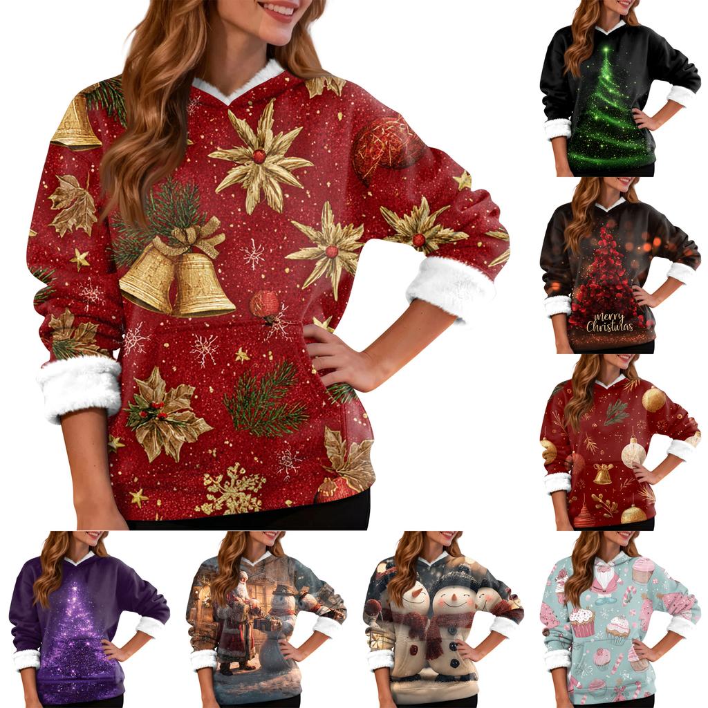 Women's Casual Fashion Plus Velvet Thickened Christmas Print Hooded Sweatshirt