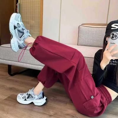 Women's High-Waisted Rose Red Cargo Pants - Loose Fit, Straight-Leg for Casual and Sports Wear