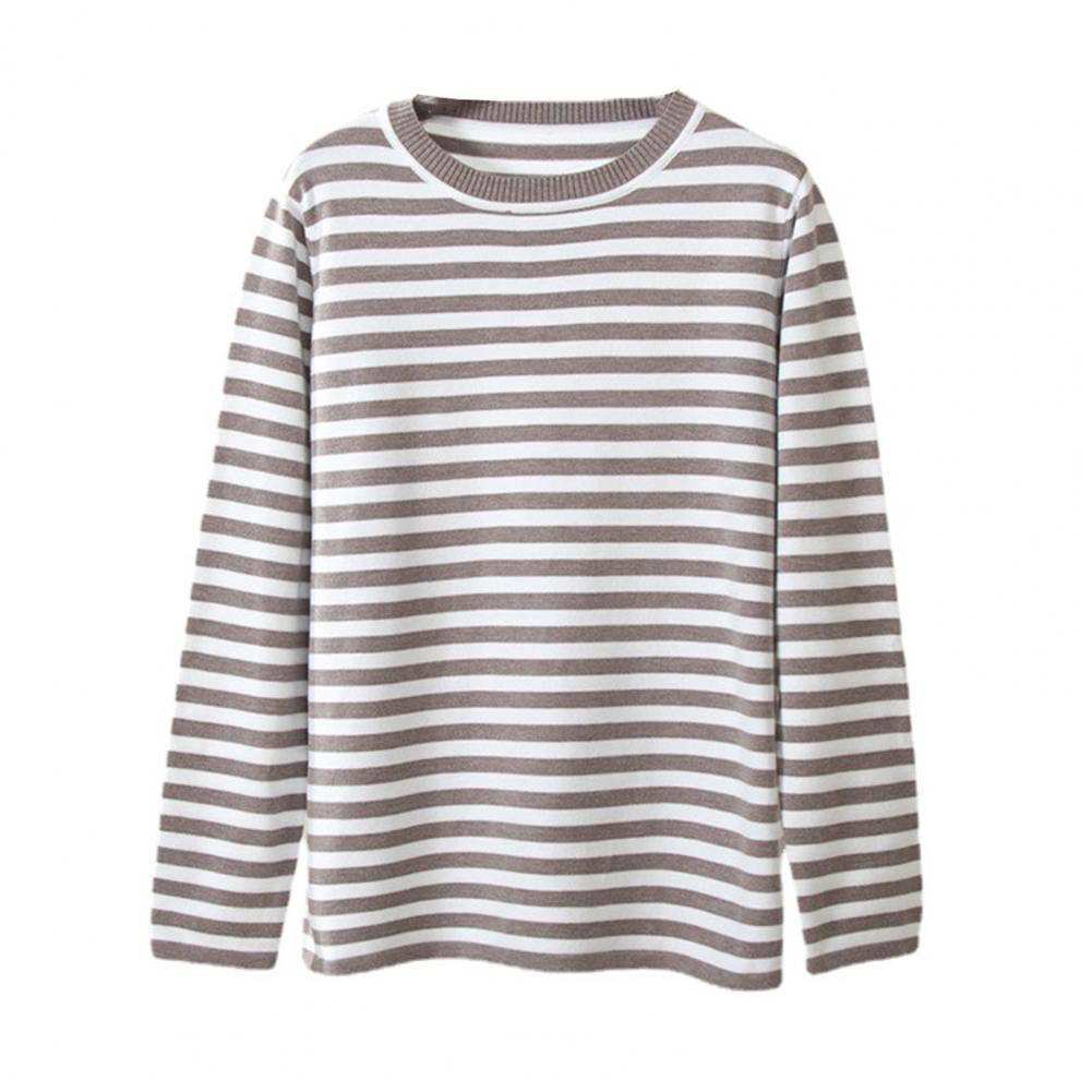 Women Tops Round Neck Long Sleeve Striped Print Sweater Loose Fit Stretchy Retro Knitting Tops Daily Wear