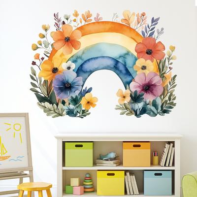 Cartoon Aquarell Blumig Regenbogen Wandaufkleber, Selbstklebende Dekoration für Kinderzimmer Hintergrundwand Kindergarten Dekoration