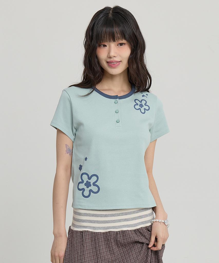 WAIKEI Flower Henley Neck Short Sleeve T-Shirt Mint