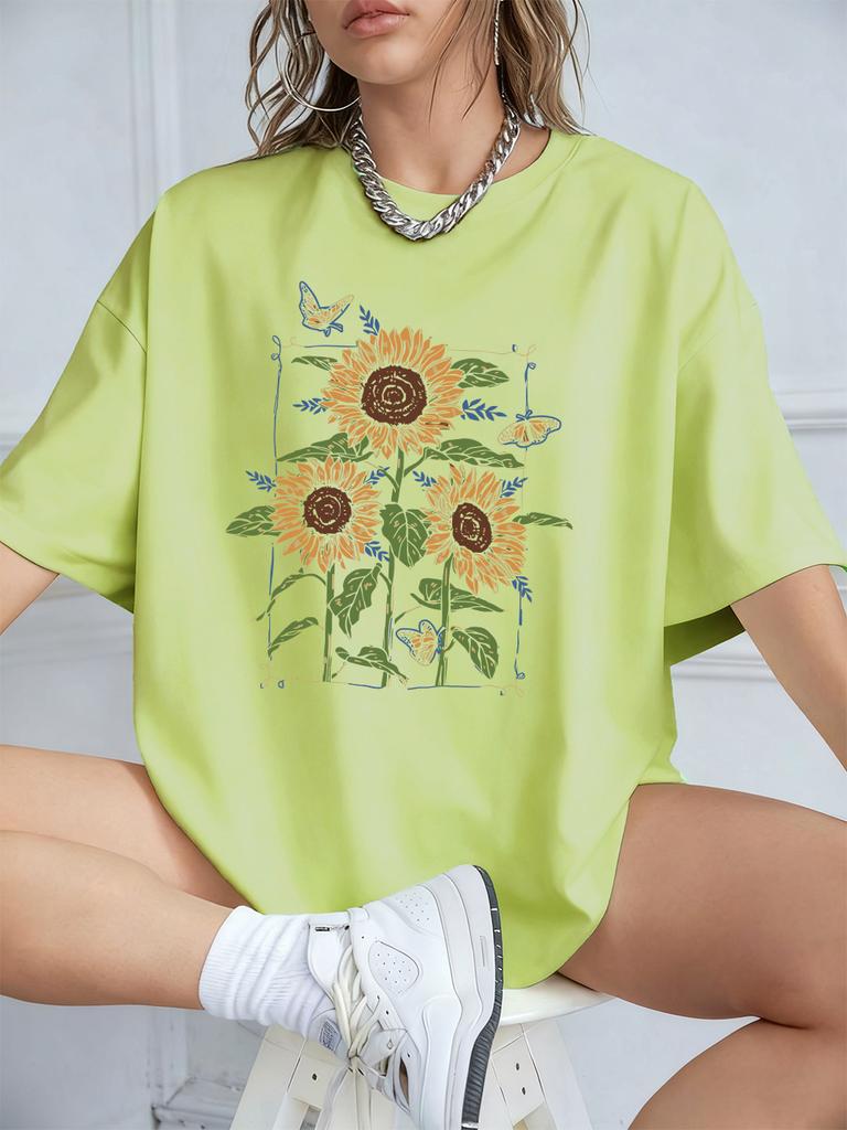 Sunflower Oil Printing Prints TShirts Womens Summer Cotton Short Sleeve T Shirt Loose ONeck Comfortable Tops Casual Clothes