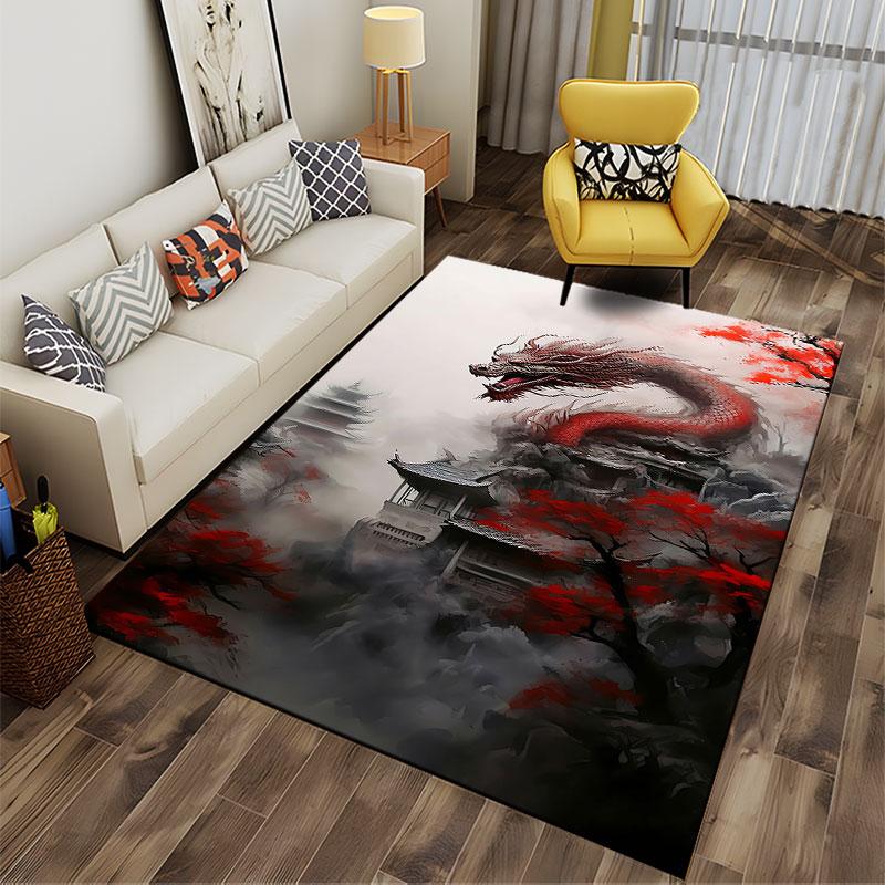 Red Dragon Amid Mystic Temple suitable as a non-slip mat for the living room or bedroom sofa