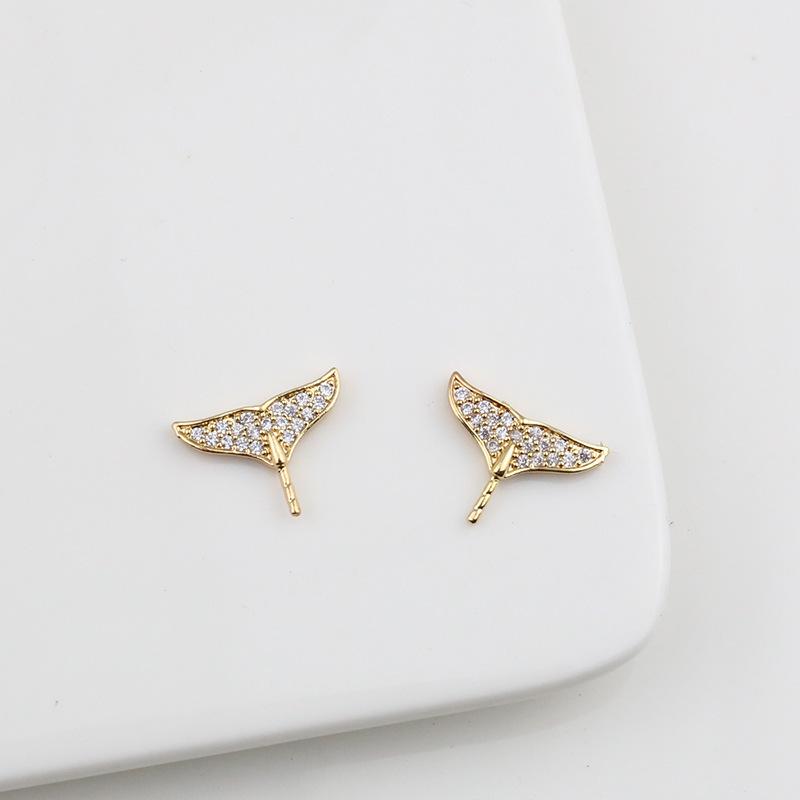 18k Copper Crown Mermaid Tail Earrings with Zircon, Small Wings, and Pearl Pendant