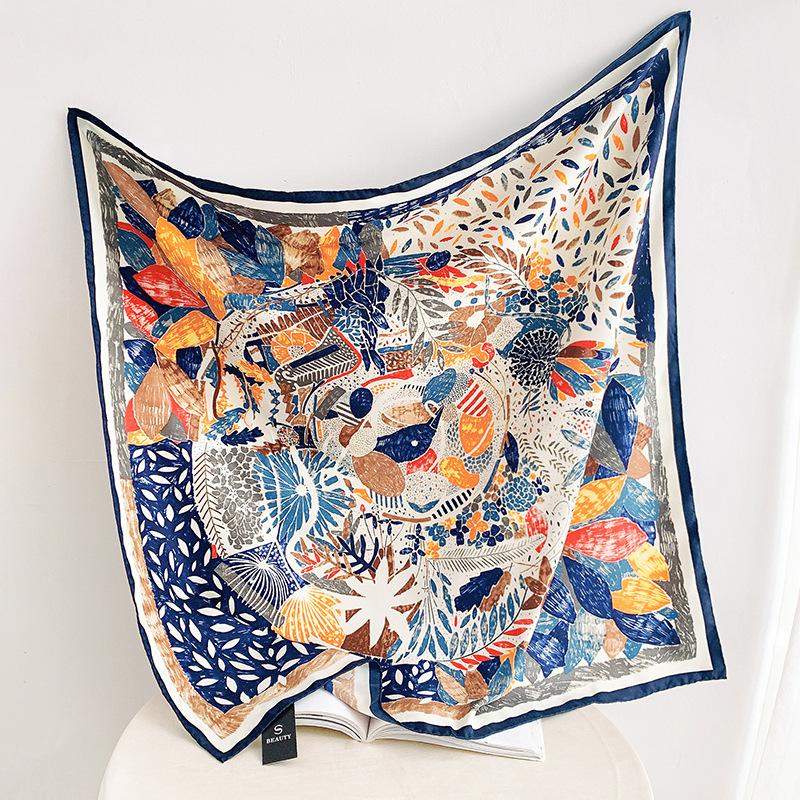 Fashionable and Gorgeous Printed Silk Scarf Women's Contrast Color Silky Simulation Silk Large Scarf Shawl