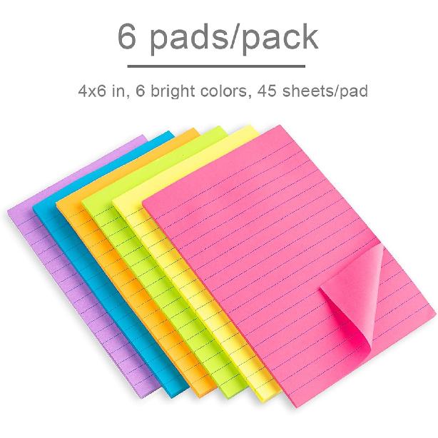 Lined Sticky Notes 4X6 in Bright Ruled Stickies Colorful Super Sticking Power Memo Pads, 45 Sheets/pad, 6 Pads/Pack
