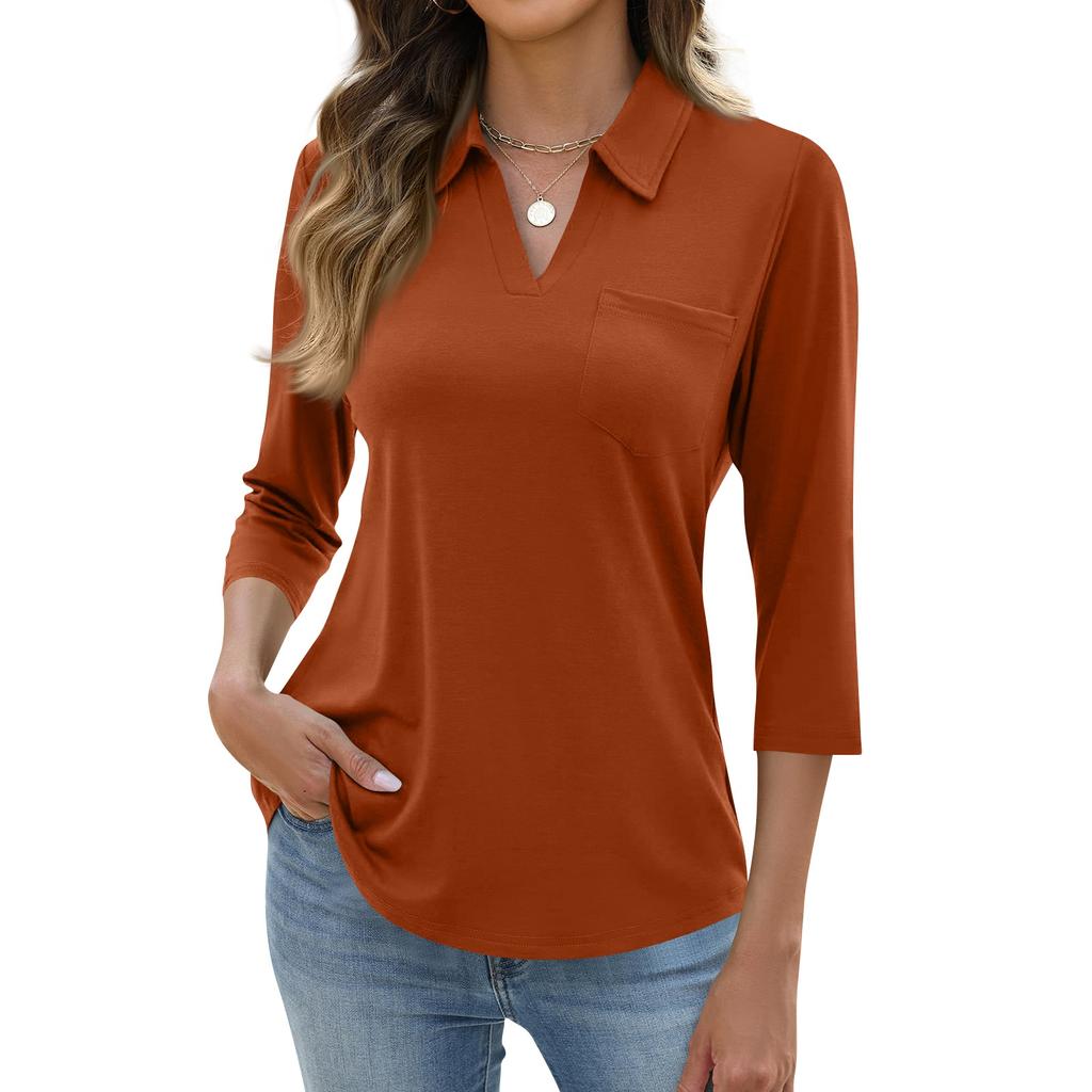 Women's Fashion Casual Lapel Short 3/4 Sleeve Color Shirt Women's Up Tops