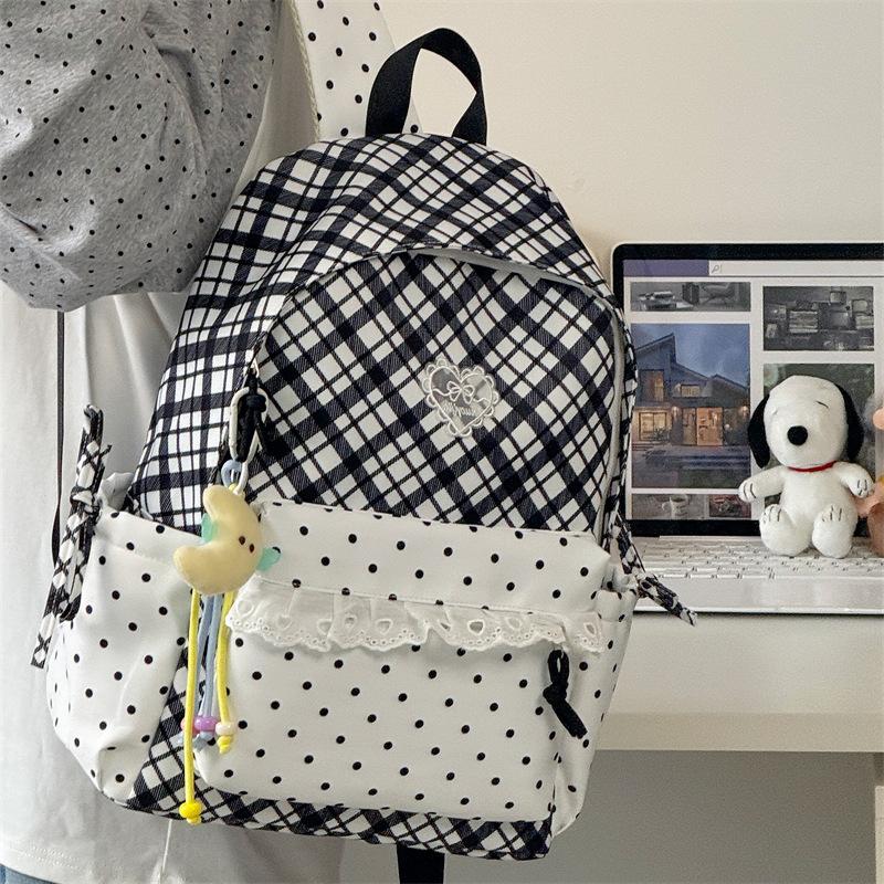 Schoolbag Sea Salt Blue and White Plaid Splicing Lace Backpack Sweet Junior High School Schoolbag Women Travel Small Backpack