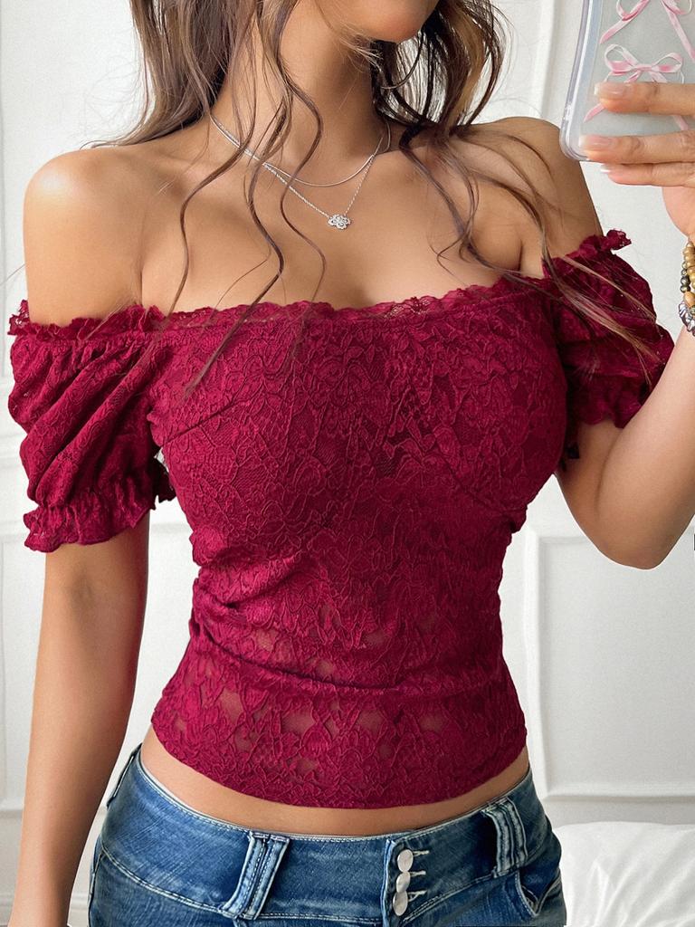 Women's Sexy Hollow Out Neckline Slim One Shoulder Lace Blouse Top