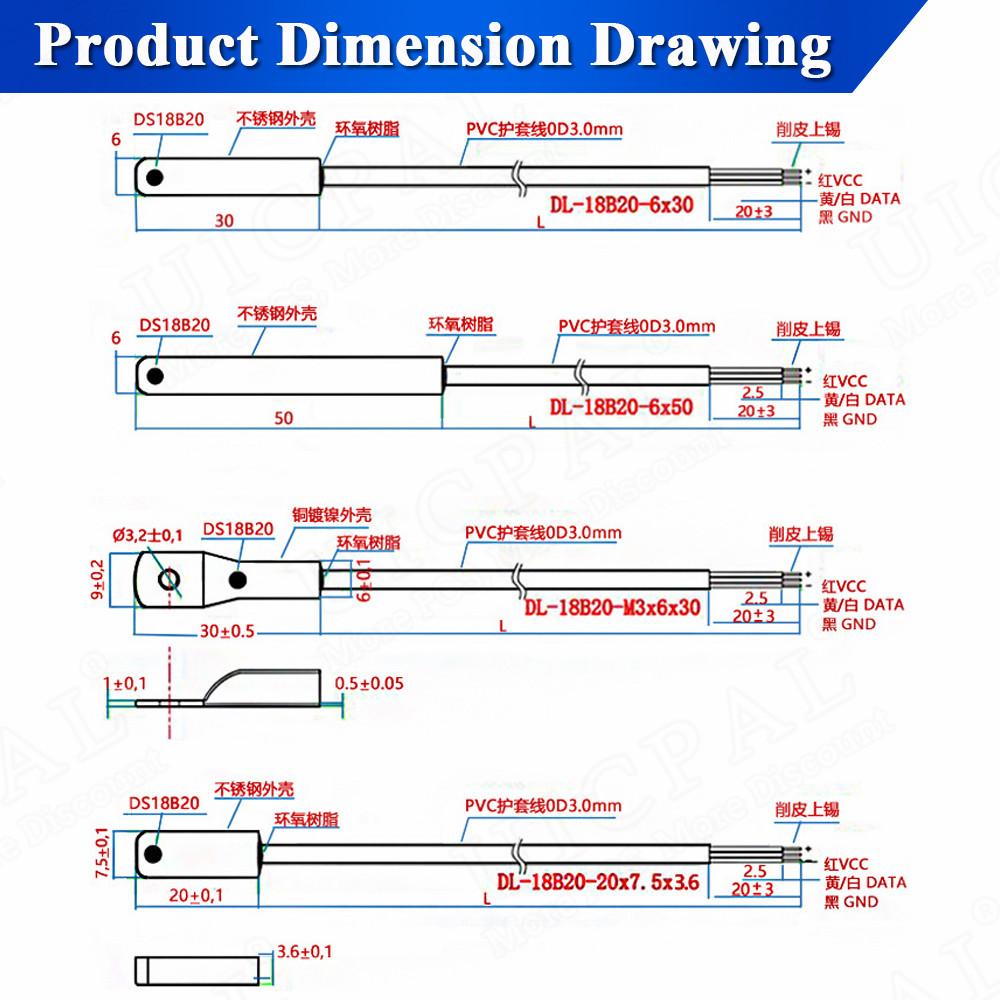 DS18B20 Temperature Sensor Probe 304 Stainless Steel 6*30MM OD 3.0MM Waterproof Dustproof Sensors Cable 1M Length Replacement Sensors2