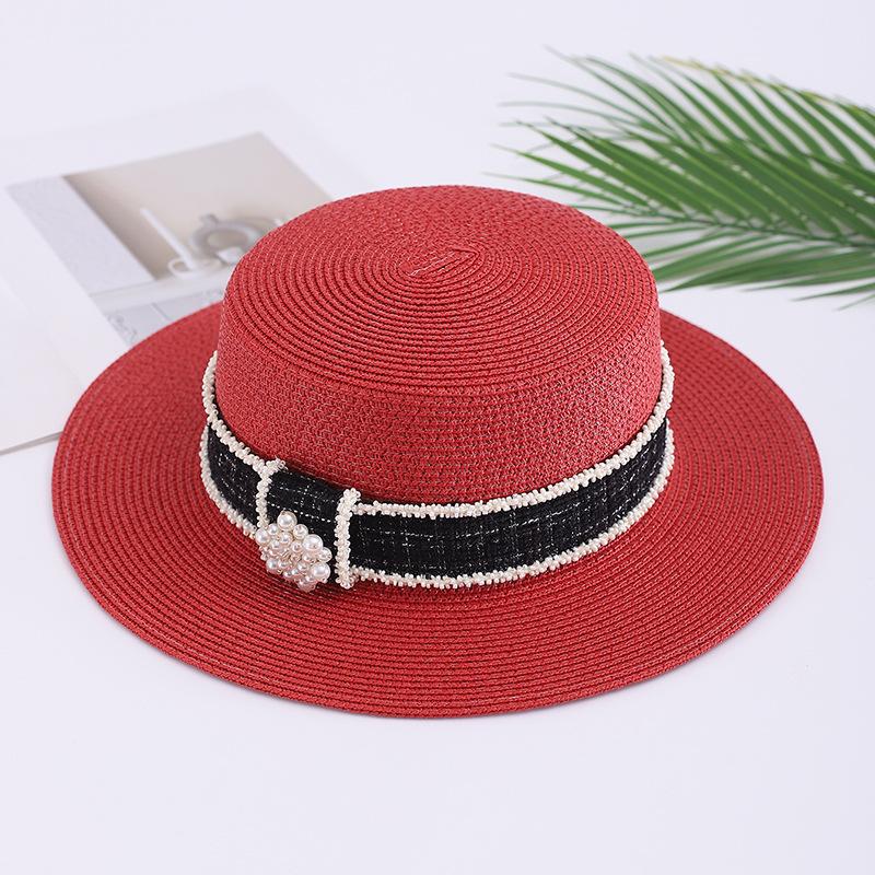 Summer Xiaoxiangfeng Flat Top Hat Ladies Elegant Pearl Rhinestone Sunshade Sunscreen Hat Travel Fashion Straw Hat Pearl