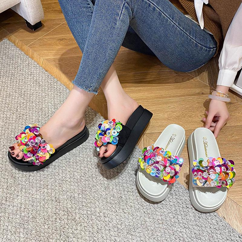 Fashion Thicken Soled Crystal&Paillette Platform Sandals Woman Flats Slip On Slippers Slip On Ladies Flipflops Open Toe Slides Pantuflas