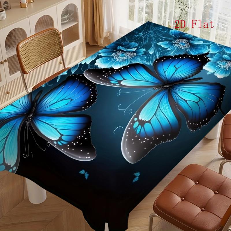2D Flat 1pc - Sapphire Blue Elegant Floral Butterfly Pattern Tablecloth - 100% Polyester Fiber, Rectangular, Durable And Easy to Clean Table Cover, Su