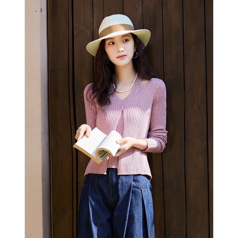 Women's V-Neck Faux Two-Piece Wool Blend Knit Cardigan
