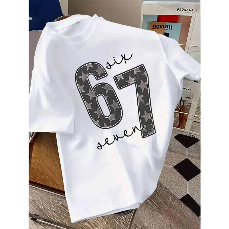 European sizes Number 67 Print T-Shirt Summer Short Sleeve Round Neck Casual Top with Number 67 Design Breathable Comfortable Regular