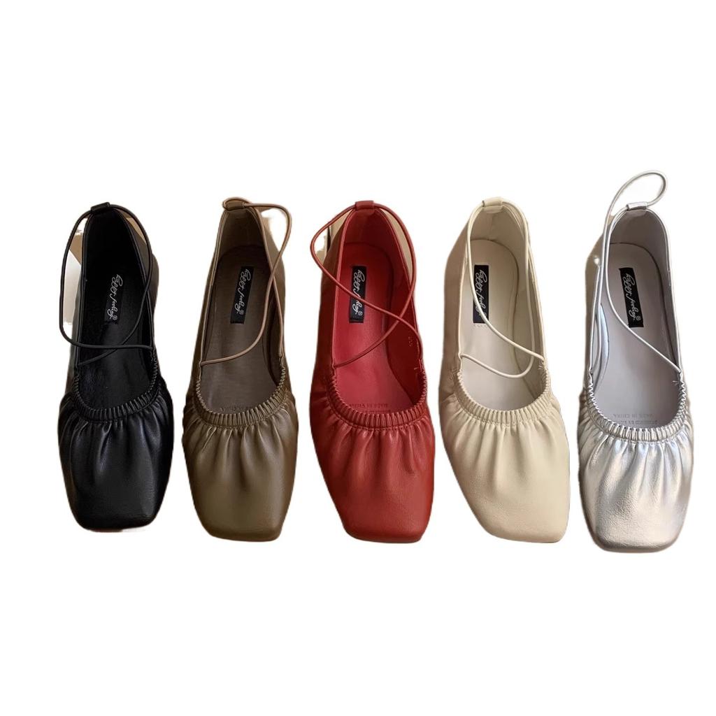 2025 new retro pleated square head retro flat-soled grandma shoes soft-soled single shoes fairy cross-strapped ballet shoes