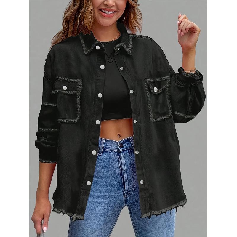 2026 European and American Style Raw Edge Ladies Casual Denim Jacket with Practical Pockets