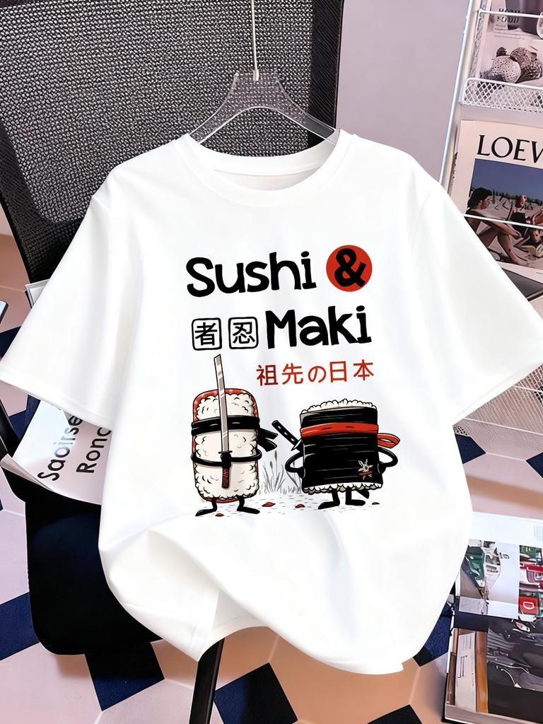 Japanese Sushi Maki Printing TShirts Womens Cotton Summer Short Sleeve Tops Soft Loose ONeck T Shirt Casual Womans Clothes