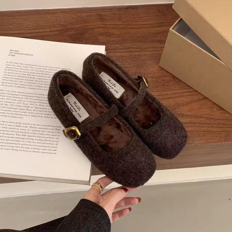 Autumn and Winter Flat Bottom Shallow Buckle Doudou Single Shoes Casual Versatile Velvet Warm Women's Cotton Shoes