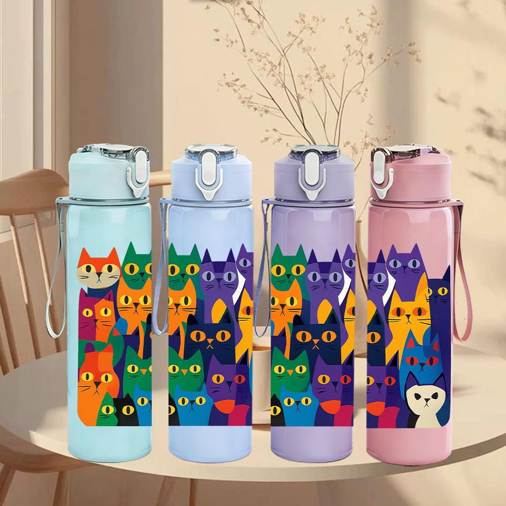 1PC Multi Color Cat Group Collage 750ml Color Plastic Sports Water Bottle Leakproof Flip Straw Lid For Sports Office Home Use