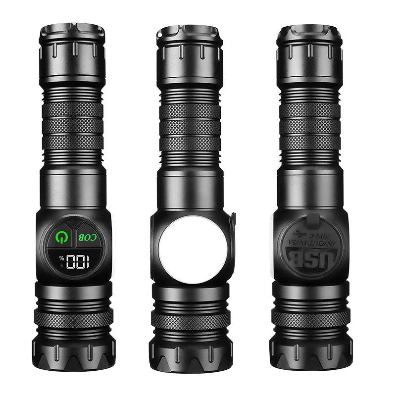 Smart Portable Flashlight with Digital Display, COB Side Light, Magnetic Base, and White Laser Core for Outdoor and Repair Use