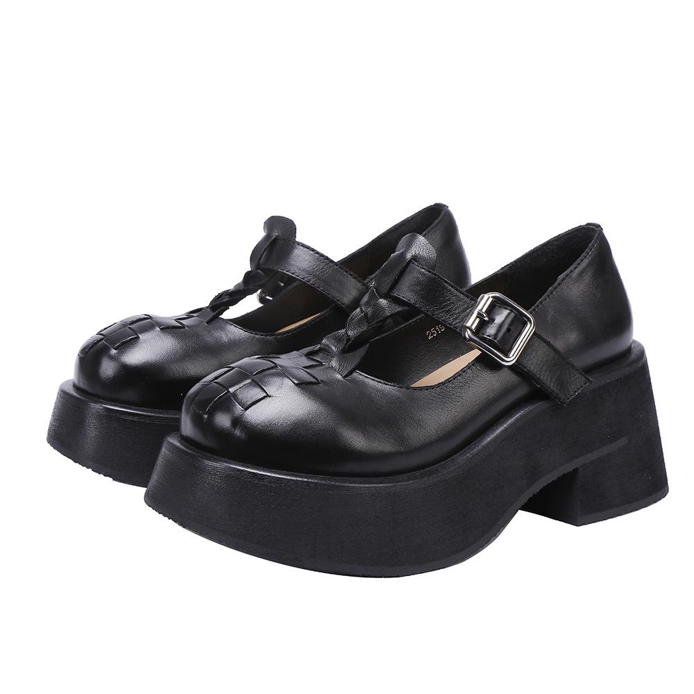 

Johnature Туфли-лодочки из высококачественной коровьей кожи с неглубоким вырезом, Т-образной пряжкой, в стиле ретро, на толстой подошве, ручной работы, женская платформа 38 чёрный