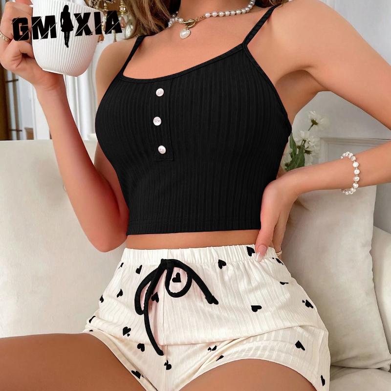 

GMXIA Пижама Женская Сладкая и Милая Повседневная Удобная Пижама-Майка с Шортами Комплект Домашней Одежды S чёрный