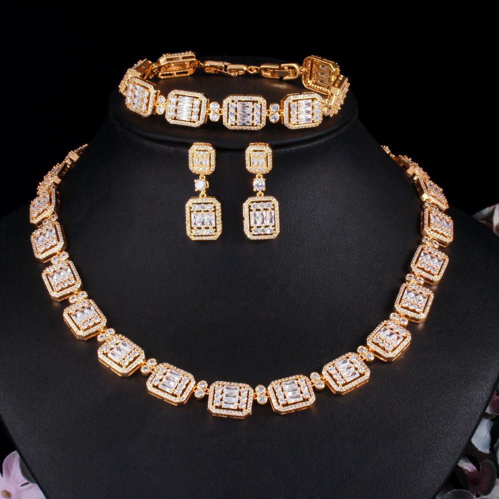 Copper Earrings Bracelet Necklace Set Jewelry Wedding Dinner Party Zircon Set Chain