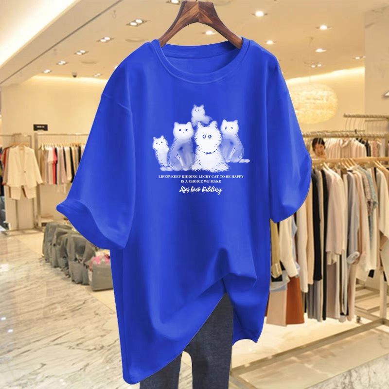 Women's Summer Cat Print Short Sleeve T-Shirt - Loose and Casual