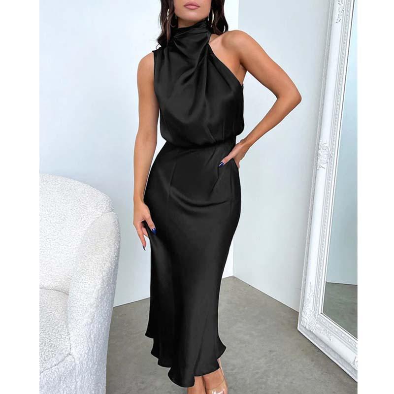 Abito da Sposa Estivo Senza Maniche con Spalle Scoperte in Seta Satinata alla Moda Abito Sexy da Damigella Elegante Abito Lungo da Sera per Feste 28057