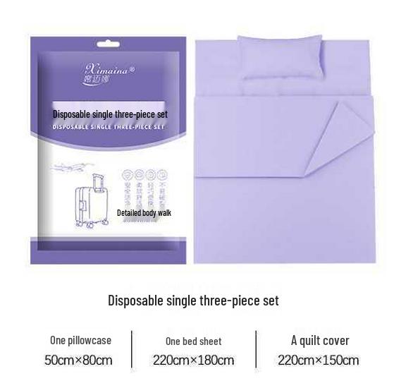 Purple Disposable 4-Piece Non-Woven Bedding Set: Bed Sheet & Duvet Cover for Hotel or Travel. Ideal for Comfortable, Naked Sleeping.