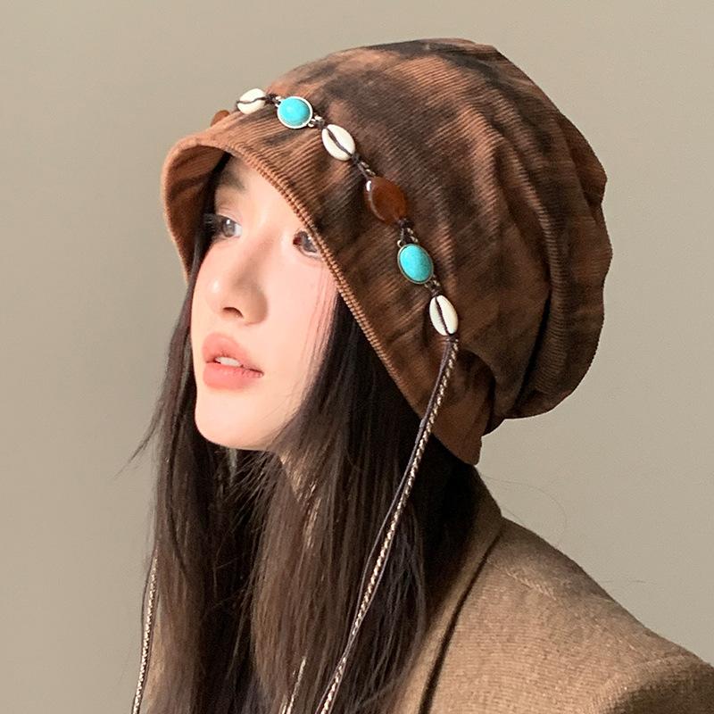 Women'S Autumn/Winter Loose Fit Turban Hat Ethnic Tie-Dye Headwrap Beanie With Beaded Tassel Decor