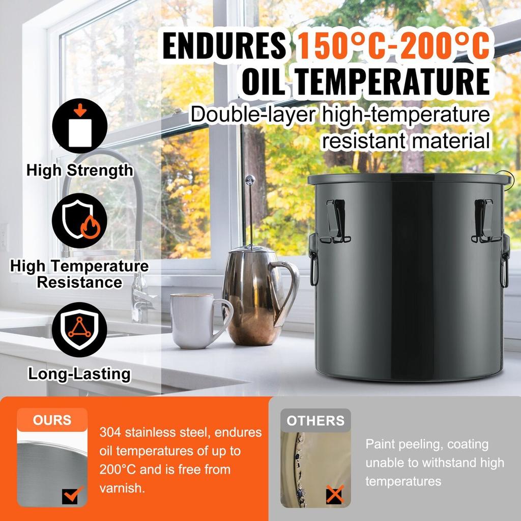 Fryer Grease Bucket, 10 Gal Oil Disposal Caddy Stainless Steel Fryer Oil Bucket Rust-Proof Coating, Oil Transport Container with Lid, Lock Clips,