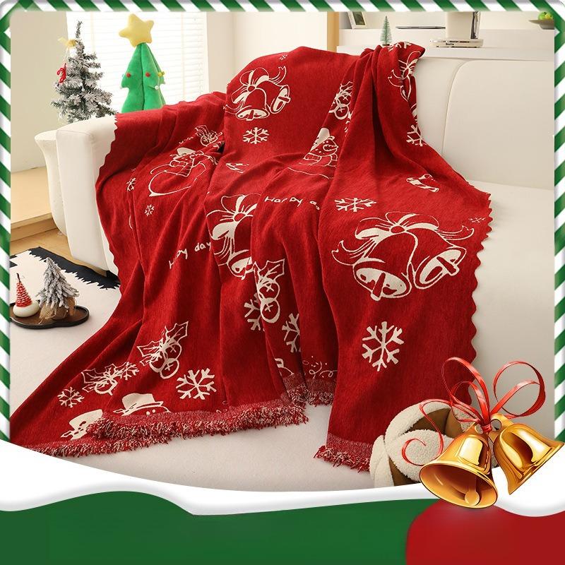 Christmas Sofa Cover Throw Blanket Red Snowflake Santa Chenille Sofa Towel Universal Furniture Protector with Tassels Xmas Home Decor for Living Room
