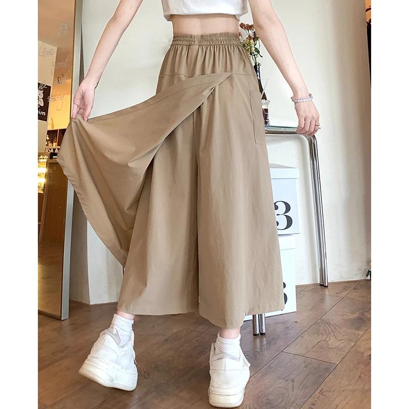 Girls Elastic High Waisted Long Pants Lady Comfortable Wide Leg Trousers Women Korean Fashion Solid Color Slacks