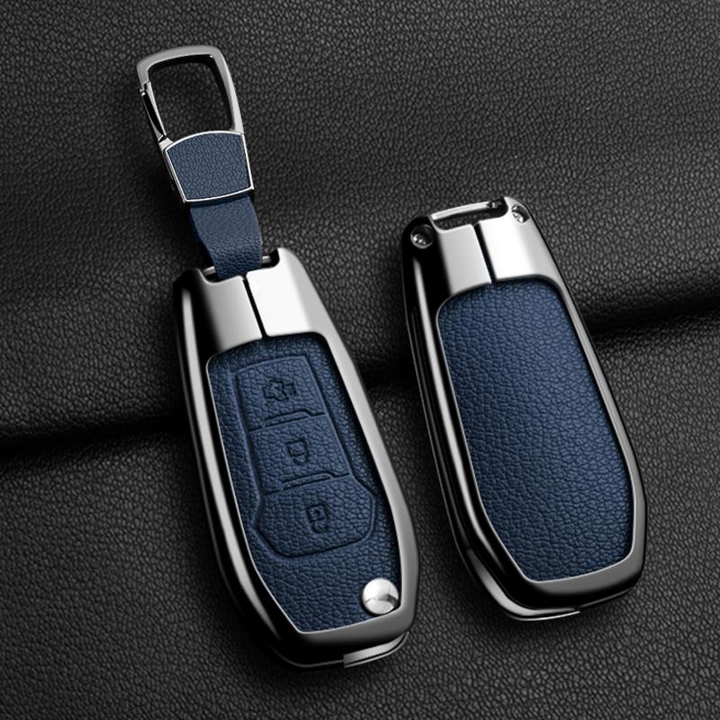Metal Leather Flip Remote Fob Car Key Case Cover Holder Shell For Ford F-150 F-250 F-350 Explorer Ranger Ka Fiesta Ecosport