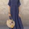 2025 Polka Dot Dress Summer New Round Neck Short Sleeved Large Swing Skirt Loose Slimming Long Skirt Women's Clothing