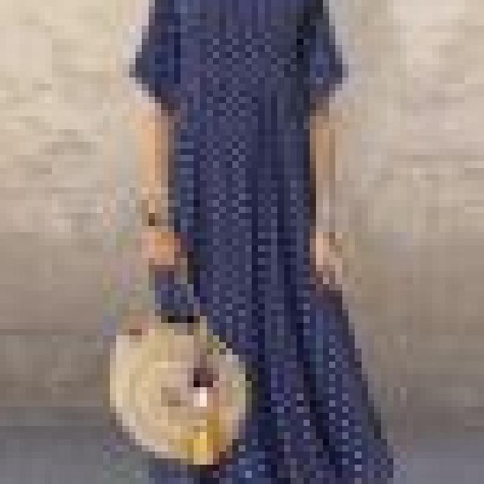 2025 Polka Dot Dress Summer New Round Neck Short Sleeved Large Swing Skirt Loose Slimming Long Skirt Women's Clothing