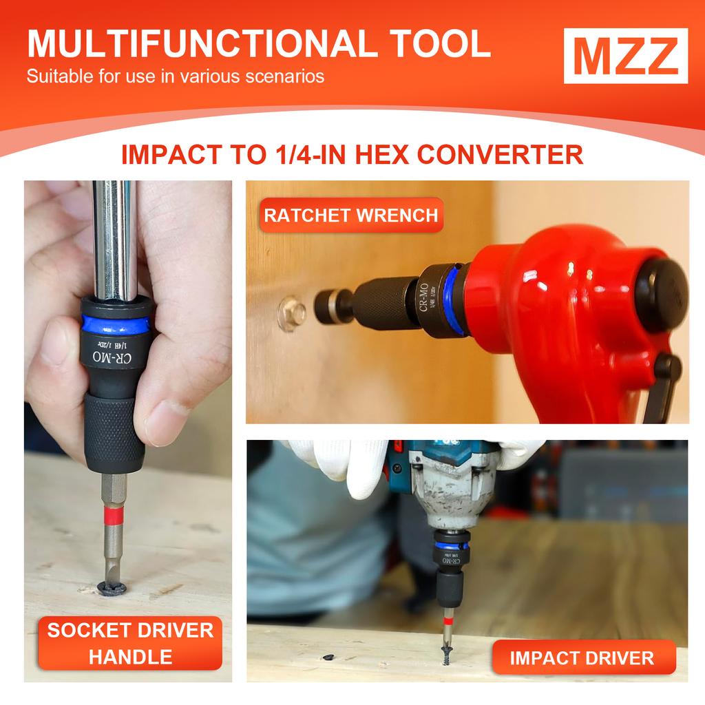 3pcs Impact Hex Converter for Screwdriver / Drill Bit 1/2 3/8 1/4-Inch Square Drive to 1/4-Inch Quick Release Hex Socket Adapter