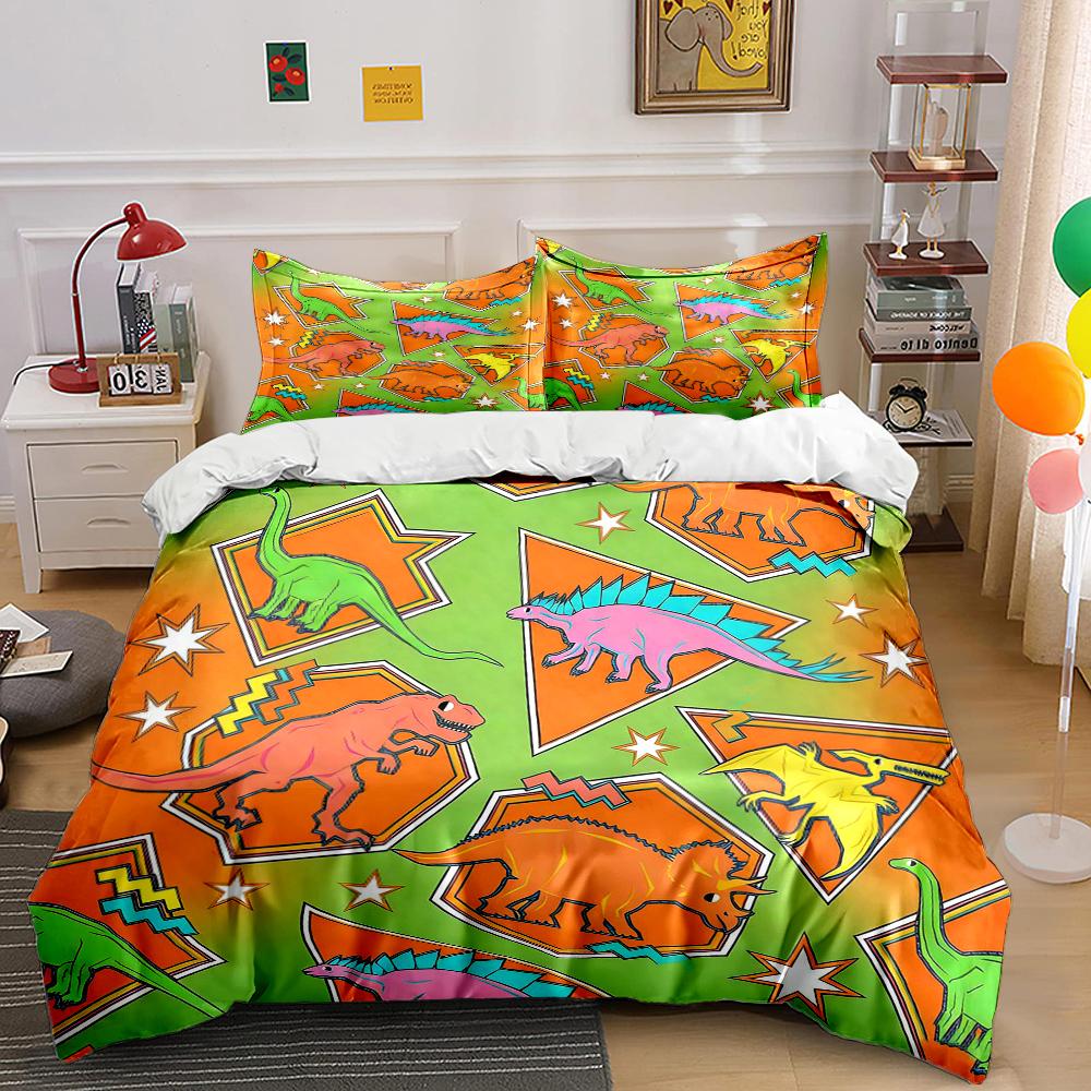 Cartoon Dinosaur Geometric Puzzle Pattern Duvet Cover Set Digital Print Colorful Polyester Bedding with Zipper Closur