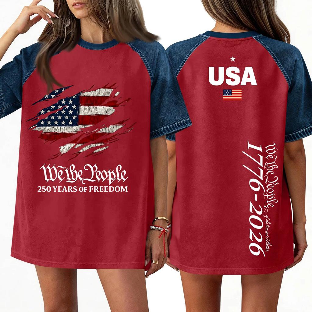 Women's Denim Patchwork Top, Casual Short-sleeved Comfortable T-shirt, Fashionable For Spring And Summer.