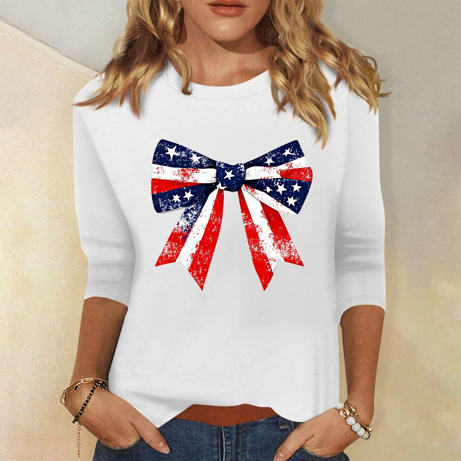 

Women s Fashion Casual Round Neck 3/4 Sleeve Loose Independence Day Printed T-Shirt Ladies Top XL білий