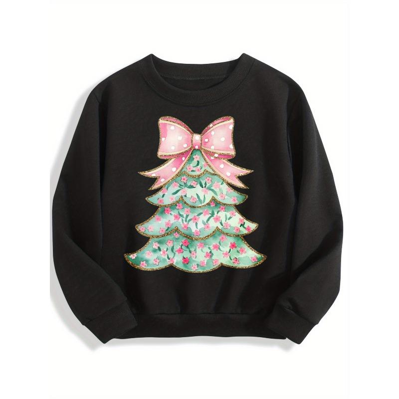 Kids Crewneck Sweatshirt, Black Pink Bow Christmas Tree Print 110 чёрный