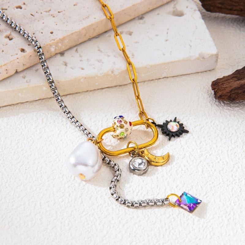 Stylish Splicing Pendant Clavicle Chain Jewelry Titanium Steel Necklace with Moon Star Pearls for Everyday Wear